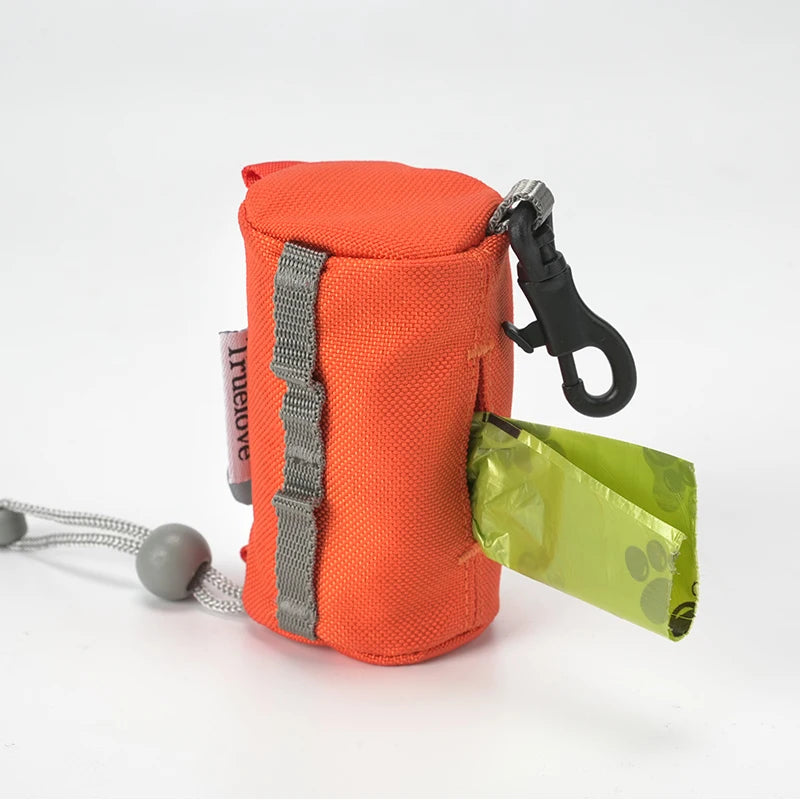 Orange dog poop bag holder with carabiner, durable nylon dispenser for easy leash attachment and waste bag access