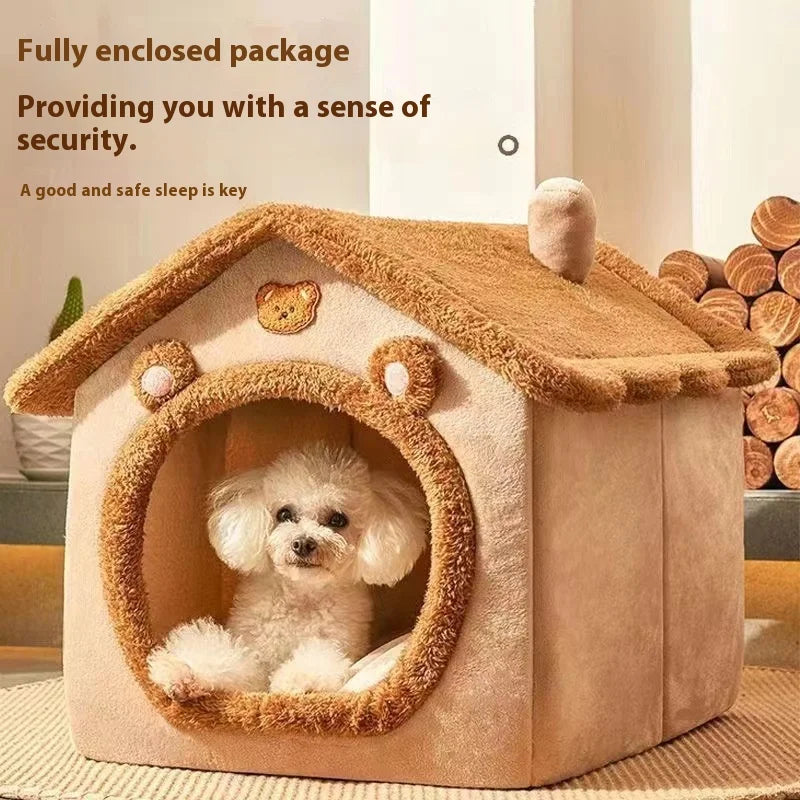 Yellow dog house style bed for small dogs, removable washable coral fleece teddy winter warm pet house