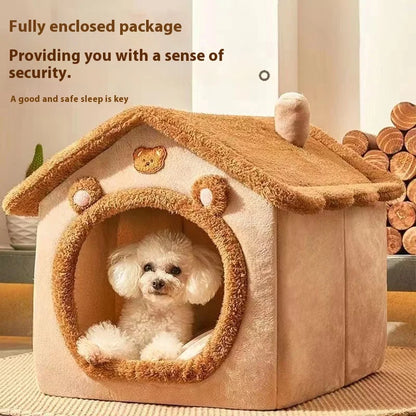 Yellow dog house style bed for small dogs, removable washable coral fleece teddy winter warm pet house