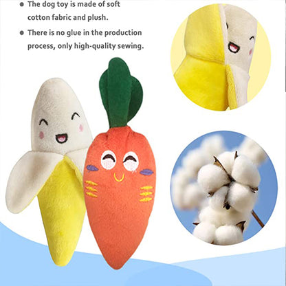 plush squeaky dog chew toy banana and carrot soft fleece pet toy for small and medium dogs, durable sewn design