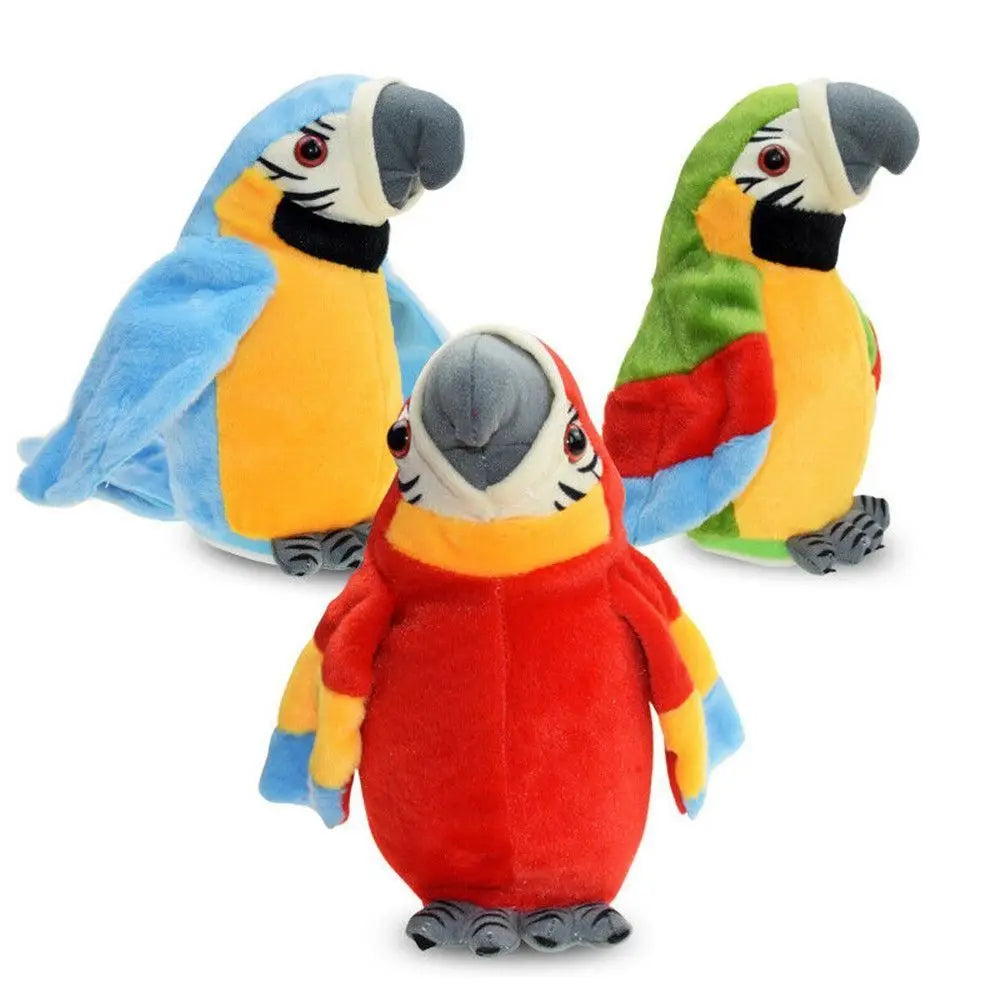 Talking parrot toy plush birds in blue, red, and green, soft interactive repeat-voice gift for kids