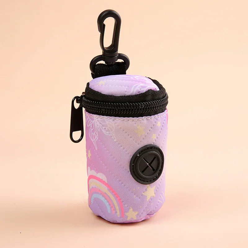 Purple dog poop bag holder with zipper, dispenser, rainbow and stars design