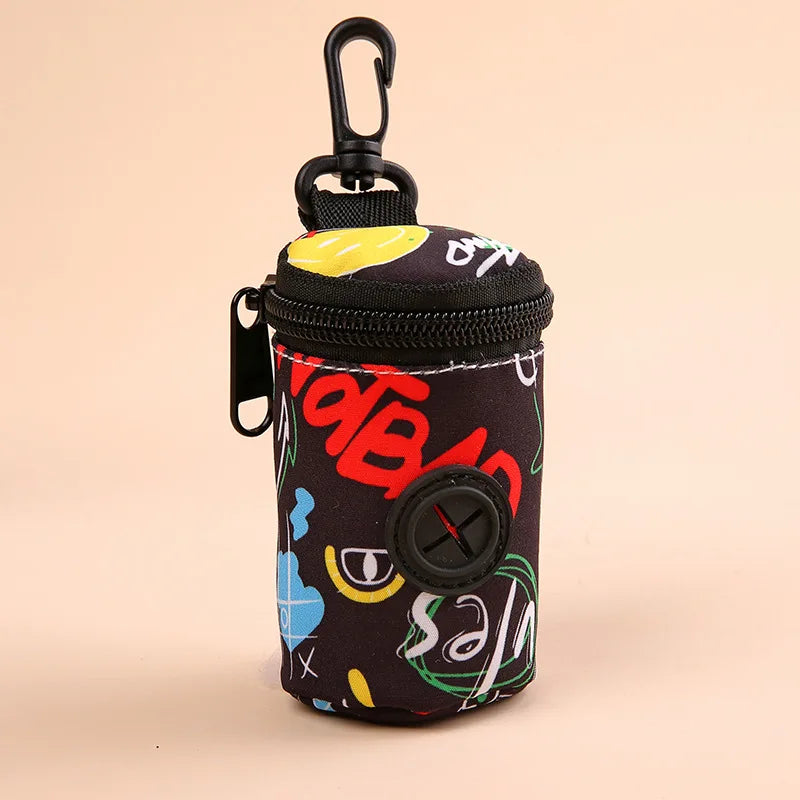 Colorful dog poop bag holder with zipper and carabiner clip, abstract graffiti design