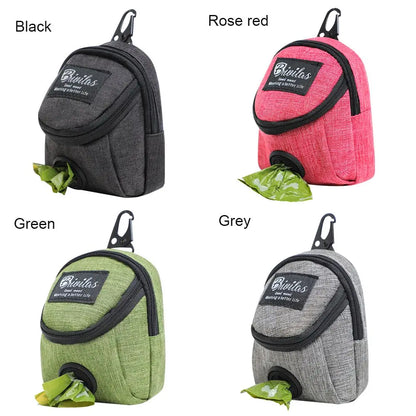 Four dog waste bag holders in black, rose red, green, and grey with clip attachments.