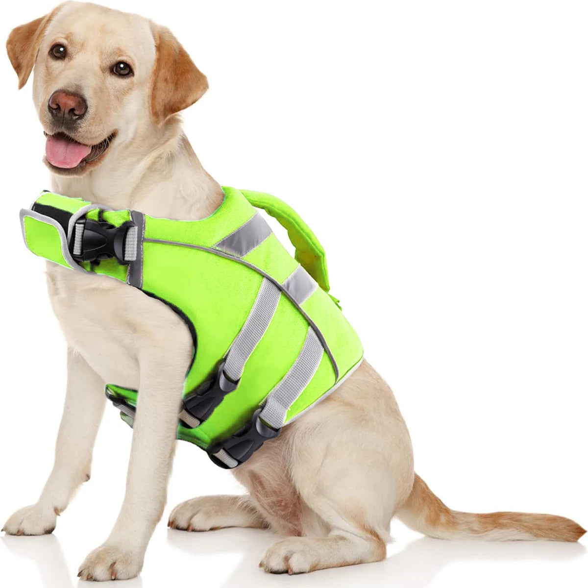 Green waterproof dog life jacket with reflective stripes and extra handle for safe, stylish dog water adventures