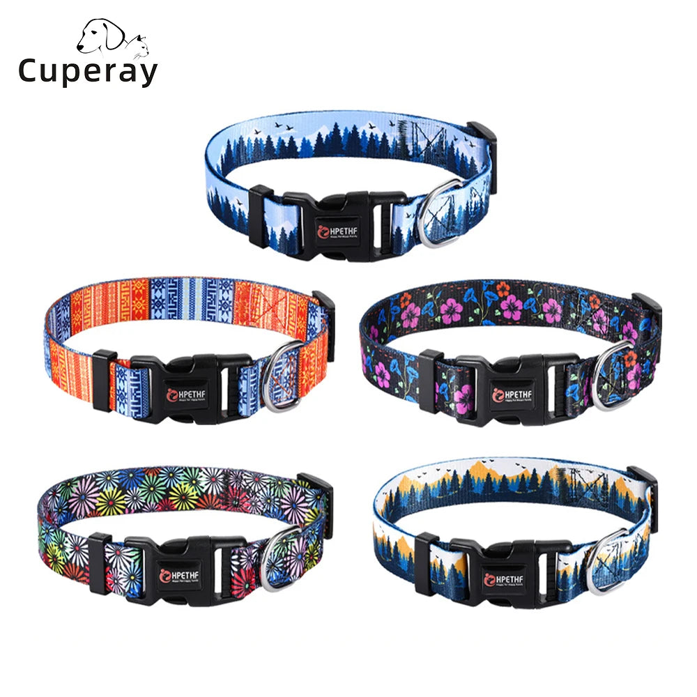 adjustable nylon dog collar with printed patterns and metal D ring for medium and large dogs, five color options