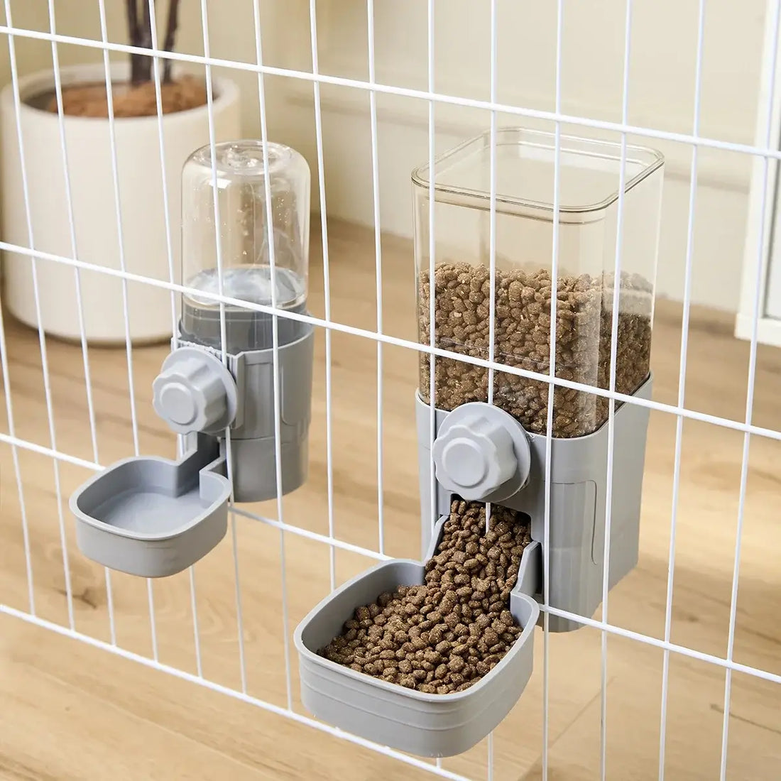 hanging pet feeder and waterer for cats and small dogs, cage-mounted automatic food and water dispenser, 1.5L