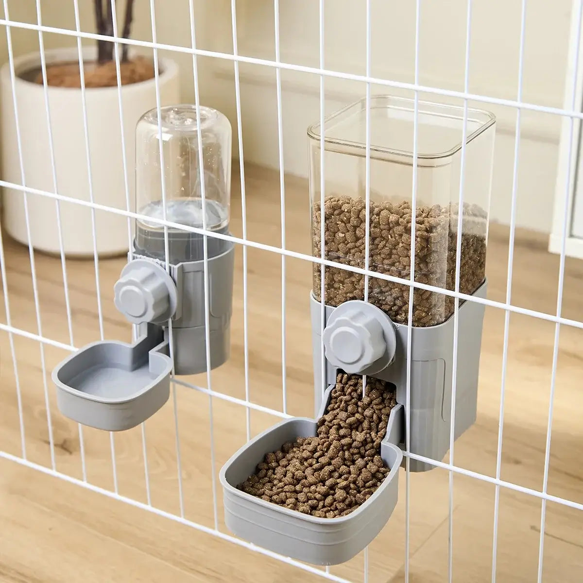 hanging pet feeder and waterer for cats and small dogs, cage-mounted automatic food and water dispenser, 1.5L