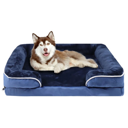 Blue extra large orthopedic dog sofa bed with support foam, washable coral fleece, removable cover, all-season pet sofa for dogs