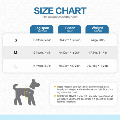 horizontal dog carrier backpack size chart for small and medium dogs, showing chest, leg span, and weight ranges