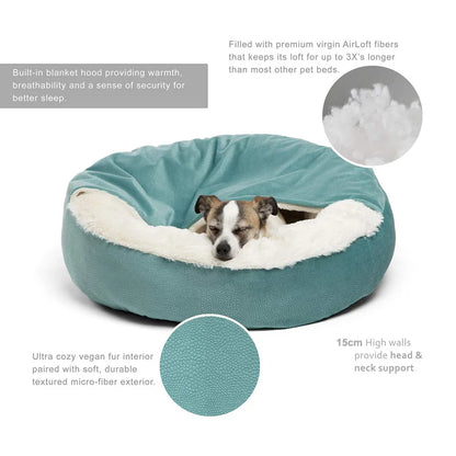 Orthopedic waterproof dog bed with hooded blanket for warm, cozy sleep with supportive high walls and washable cover