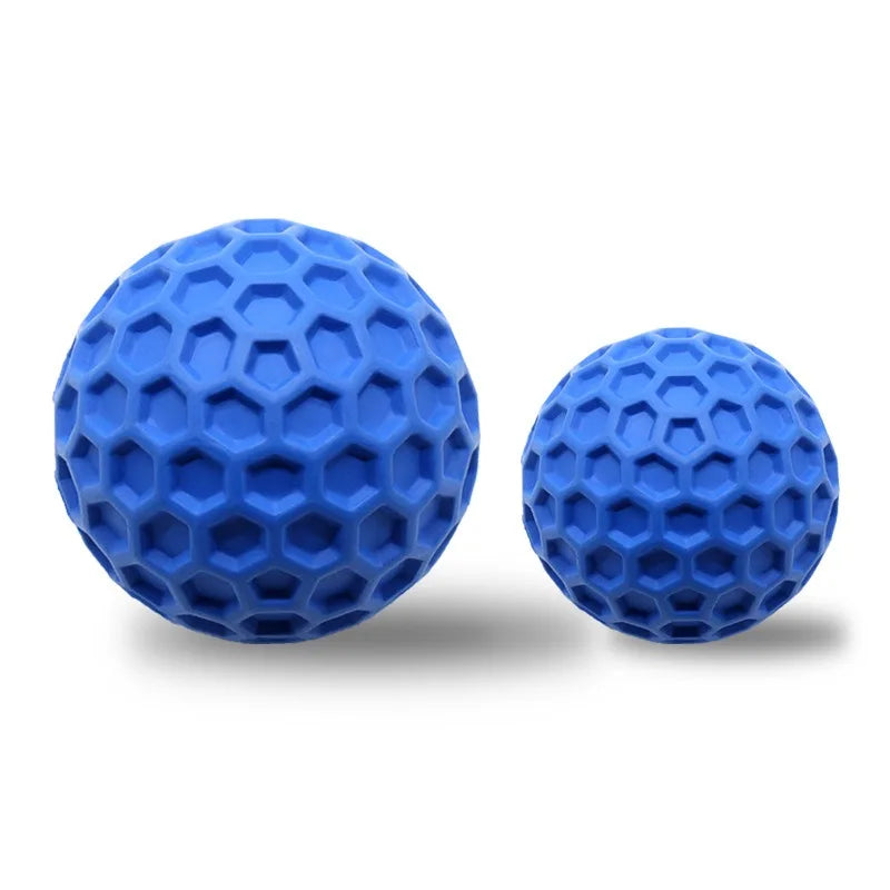 Two blue hexagon-textured rubber dog balls for chewing and fetch