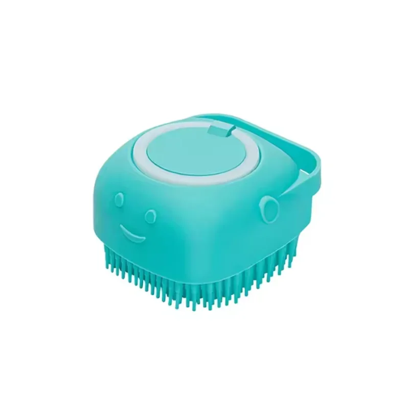 Blue dog shampoo dispenser brush with soft silicone bristles for bathing and massage, pet grooming tool for dogs and cats