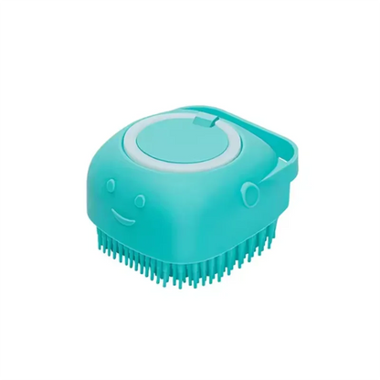 Blue dog shampoo dispenser brush with soft silicone bristles for bathing and massage, pet grooming tool for dogs and cats