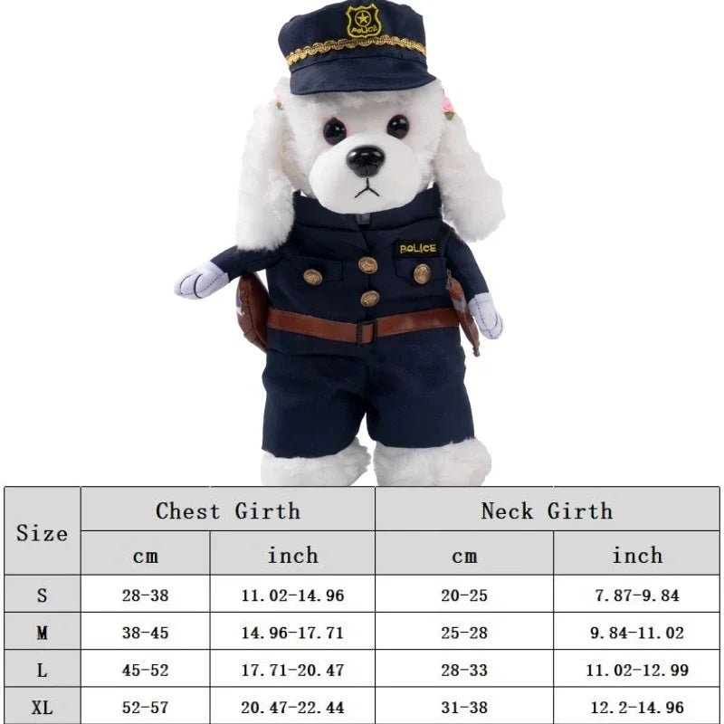 White dog wearing police costume with hat, belt, and size chart for chest and neck girth.