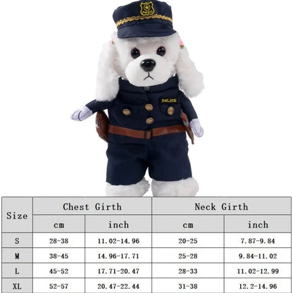 White dog wearing police costume with hat, belt, and size chart for chest and neck girth.