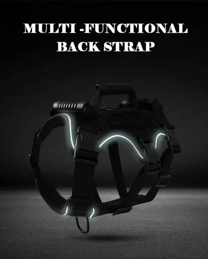 tactical dog harness with multi-functional back strap, reflective design, quick-release buckles, shock-absorbing traction