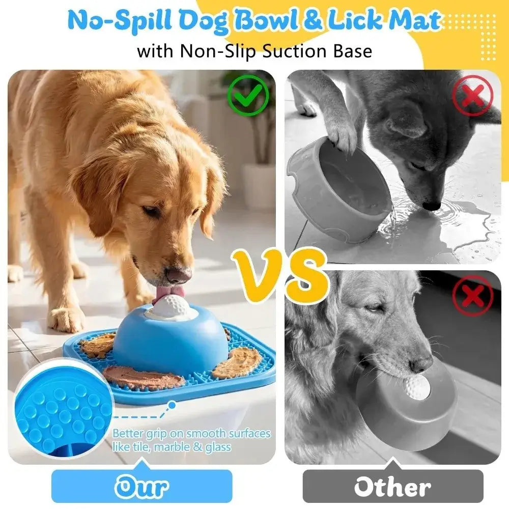 No-spill slow feeder dog bowl with non-slip suction base and lick mat for dogs, blue resin design