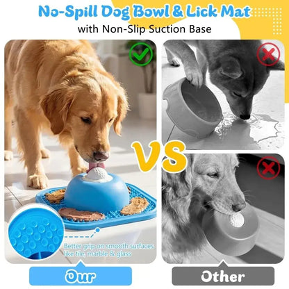 No-spill slow feeder dog bowl with non-slip suction base and lick mat for dogs, blue resin design