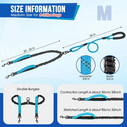 Medium size double bungee dog leash, blue and black, for 8-35lbs dogs, adjustable length.