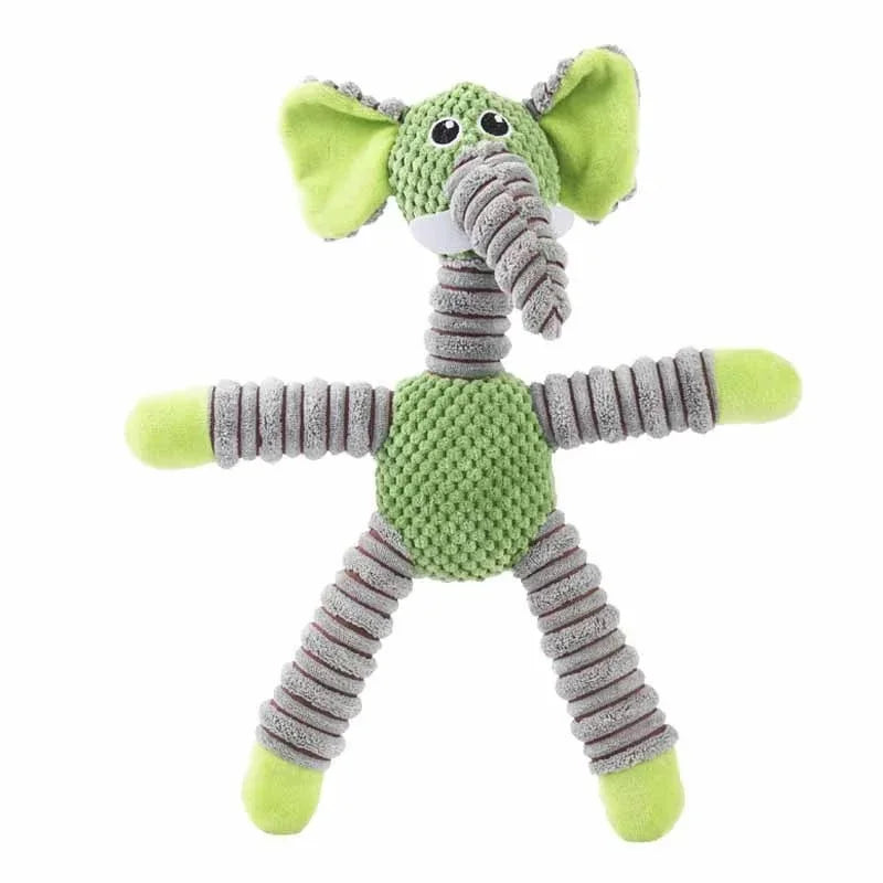 Elephant plush dog chew toy in short plush, green and gray stuffed animal teething toy for small and medium dogs