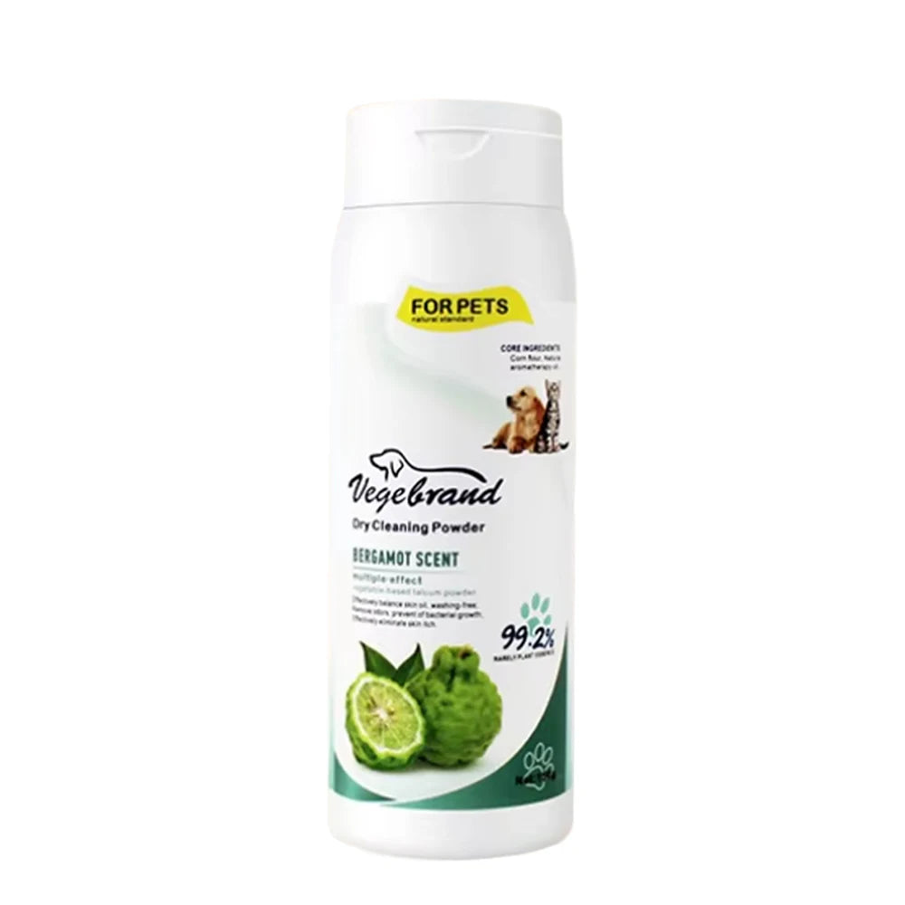 Pet dry shampoo powder for dogs and s, bergamot scent, plant-based waterless cleaning and odor elimination