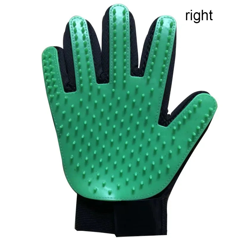 Green right-hand pet hair remover glove with silicone bristles for gentle dog and cat grooming and deshedding