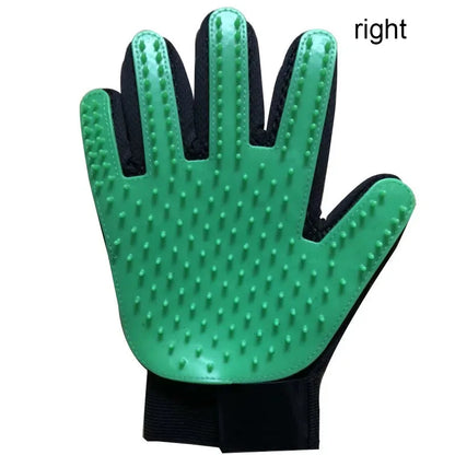 Green right-hand pet hair remover glove with silicone bristles for gentle dog and cat grooming and deshedding