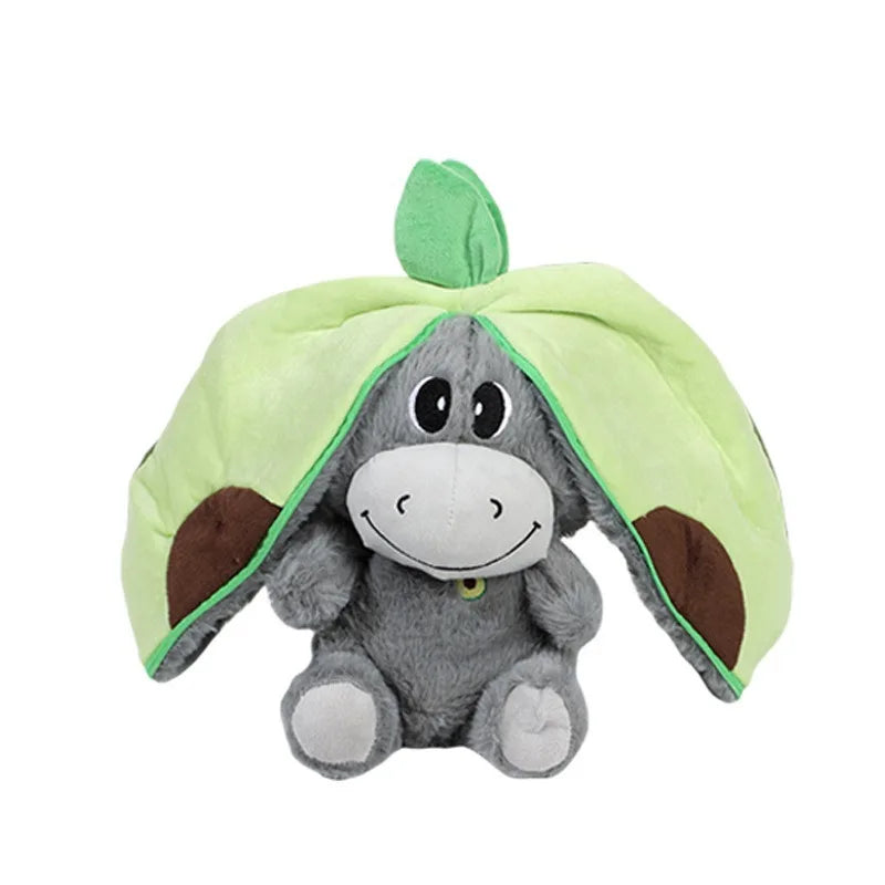 glowing stuffed animal sleep aid gray plush donkey with green apple hood, soft breathing bedtime toy for kids