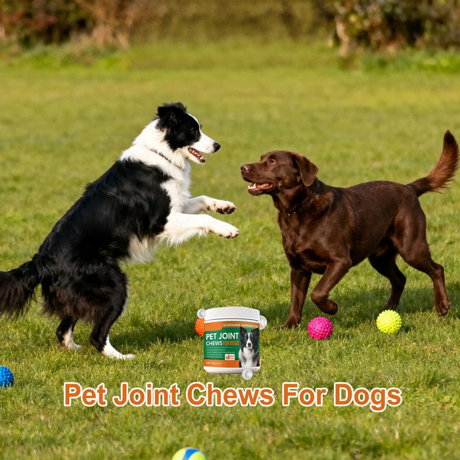 Two dogs playing outdoors near colorful balls and pet joint chews supplement container