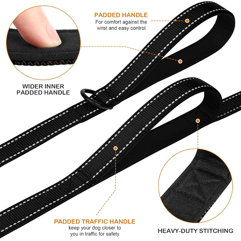 heavy duty double handle dog leash with reflective strips, padded traffic handle, heavy-duty stitching, and inner padded handle for large dogs