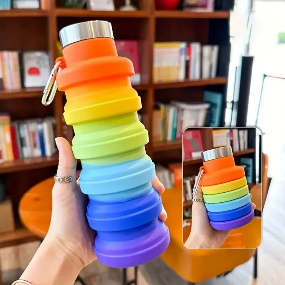 Collapsible water bottle with rainbow foldable design and carabiner, portable leak-proof travel bottle for gym, hiking, and camping
