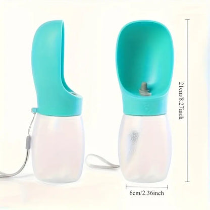 portable dog water bottle with turquoise drinking cup for outdoor pet hydration, 21cm tall