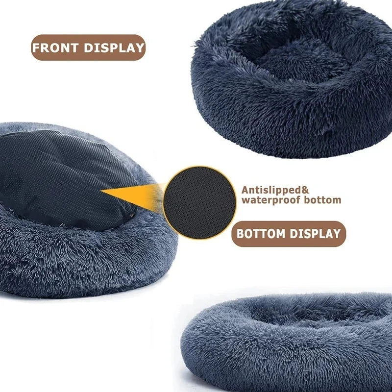 washable plush donut cat bed with antisleeped waterproof bottom, soft calm bed for winter, cozy pet sleeping nest