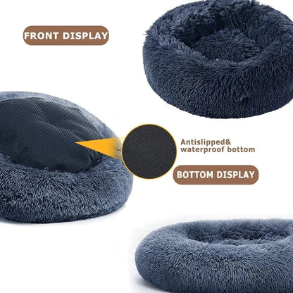 washable plush donut cat bed with antisleeped waterproof bottom, soft calm bed for winter, cozy pet sleeping nest