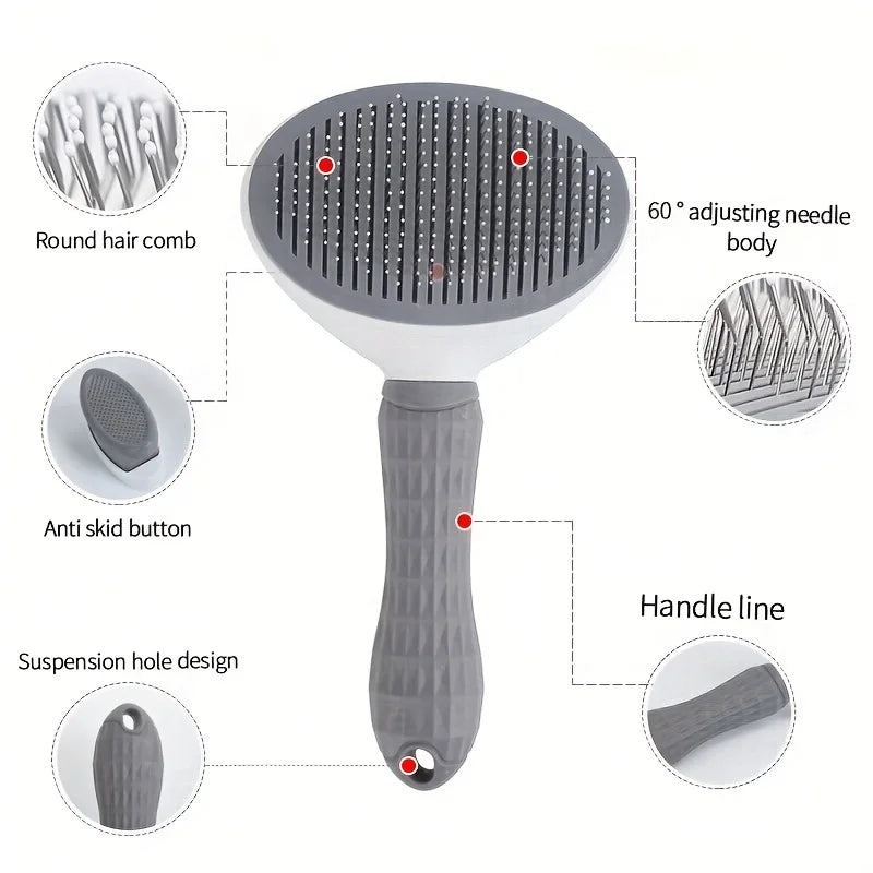 self-cleaning pet hair removal brush for dogs and cats with 60° adjusting needle body, anti-skid button, and handle line