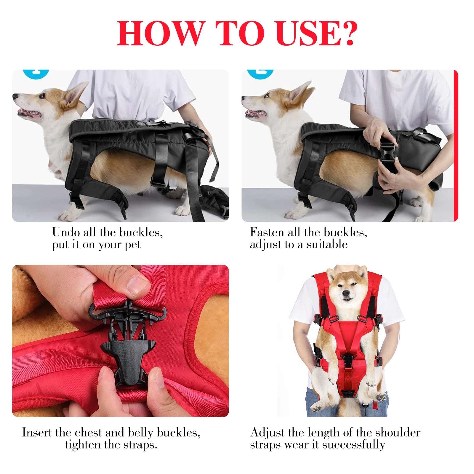 How to use adjustable dog front carrier backpack for small dogs and cats, breathable hiking and travel chest carrier