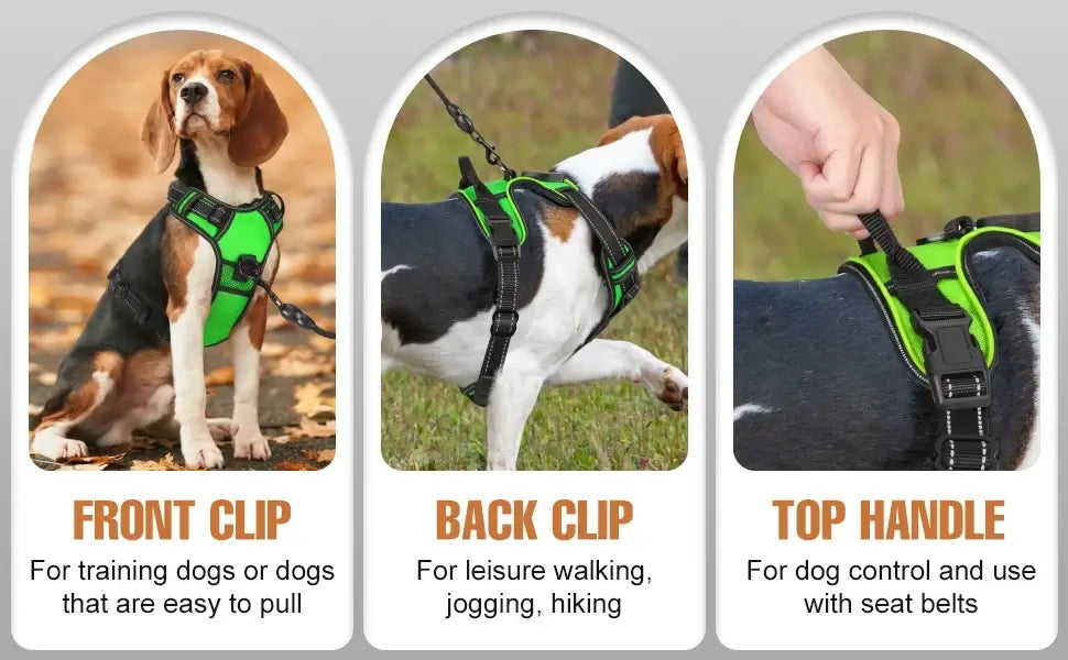 LED dog harness for night walking green dog vest with front clip, back clip, and top handle for safe walking and control