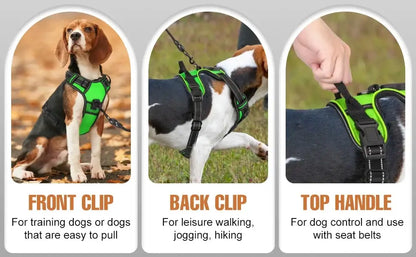LED dog harness for night walking green dog vest with front clip, back clip, and top handle for safe walking and control