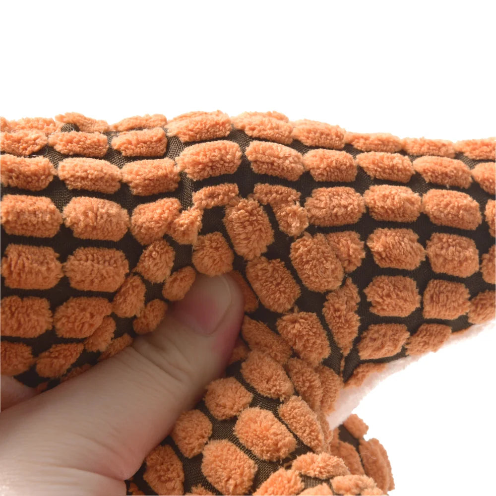 plush dinosaur dog chew toy for small dogs, orange textured fleece pet chew toy with hand grip
