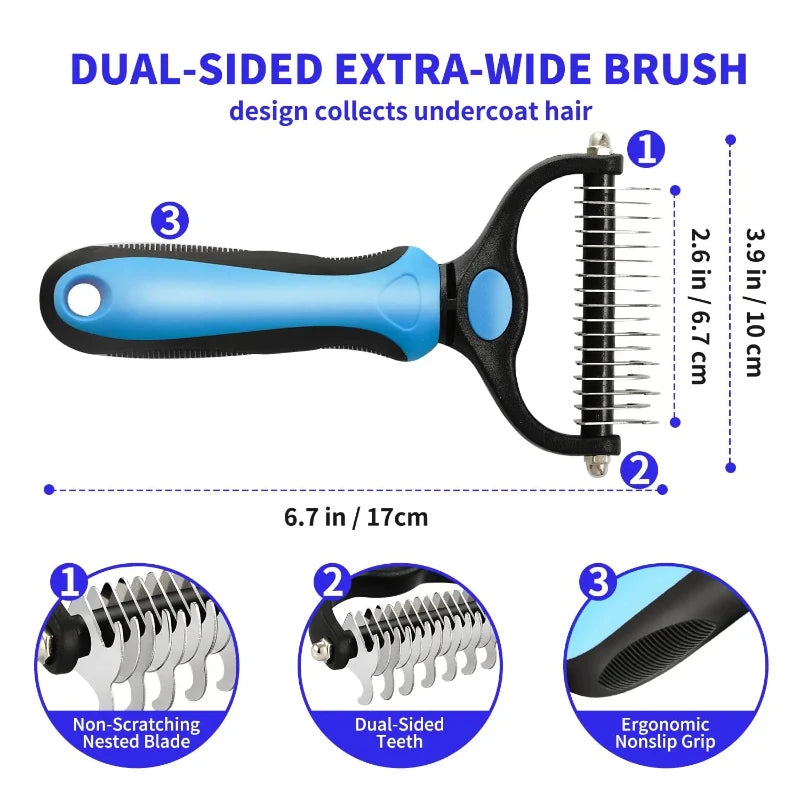self cleaning pet deshedding brush dual-sided extra-wide grooming comb for cats and dogs with ergonomic nonslip grip