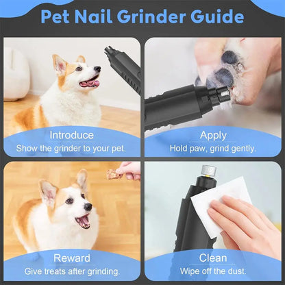 electric pet nail grinder guide for dogs and cats, quiet grooming tool to introduce, apply, reward, and clean
