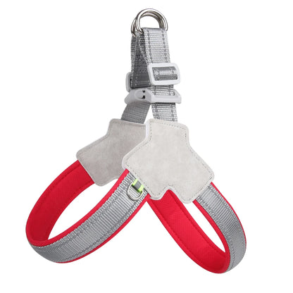 Reflective grey and red dog harness with adjustable buckle and padded straps.