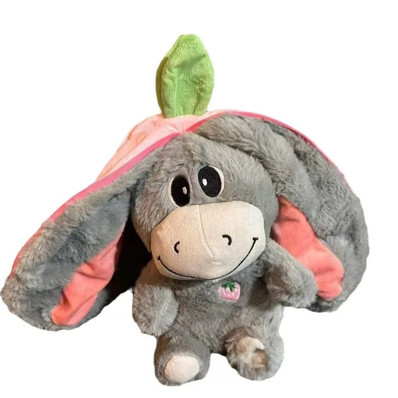 glowing stuffed animal sleep aid gray breathing plush donkey with pink ears and green leaf, cute kids bedtime toy