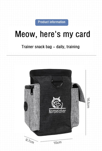 Gray pet trainer snack bag with side pockets and cat logo, dimensions labeled