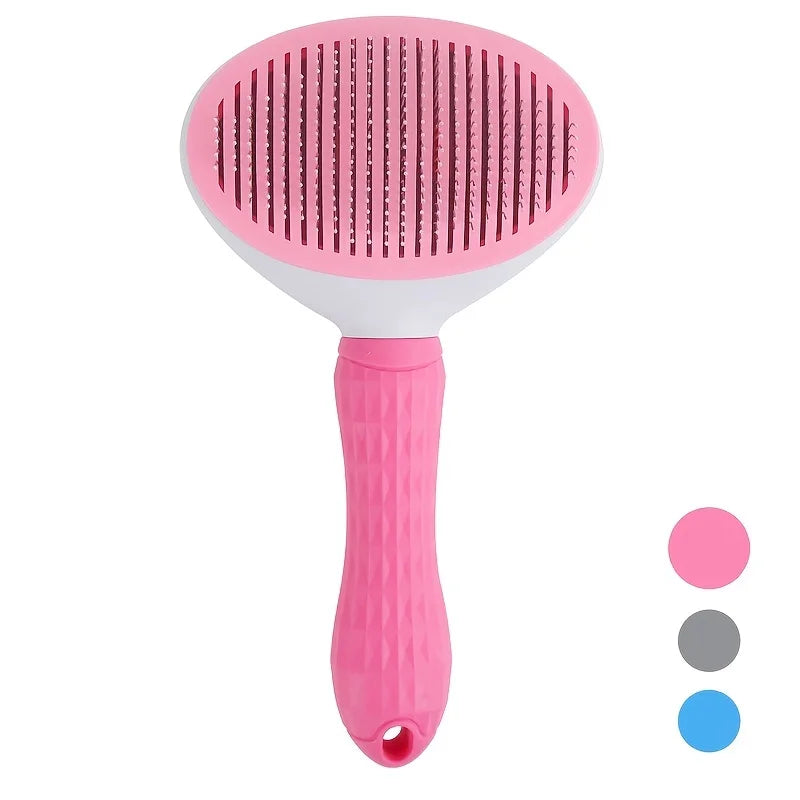 Pink self-cleaning pet hair removal brush fine-needle comb for dogs and cats, plastic slicker brush with automatic function