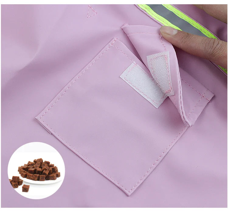 Close-up of Large Dog Raincoat Corgi Cloak Style pocket, showcasing its waterproof features and reflective detailing.
