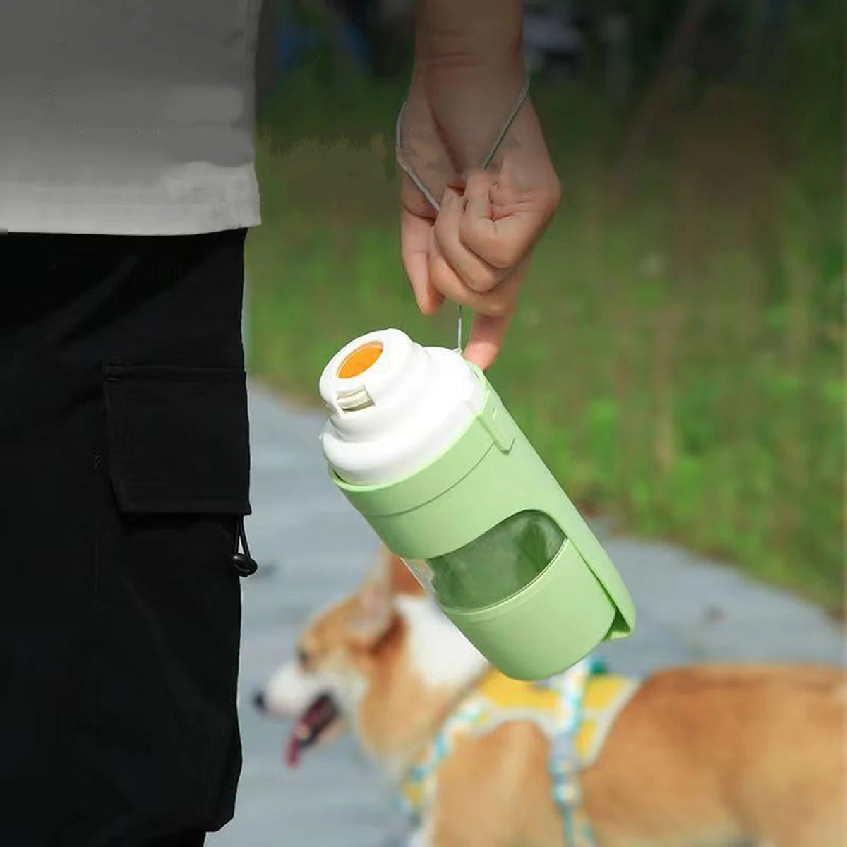 portable dog water bottle with food container for outdoor walks, green pet water cup for dogs and cats