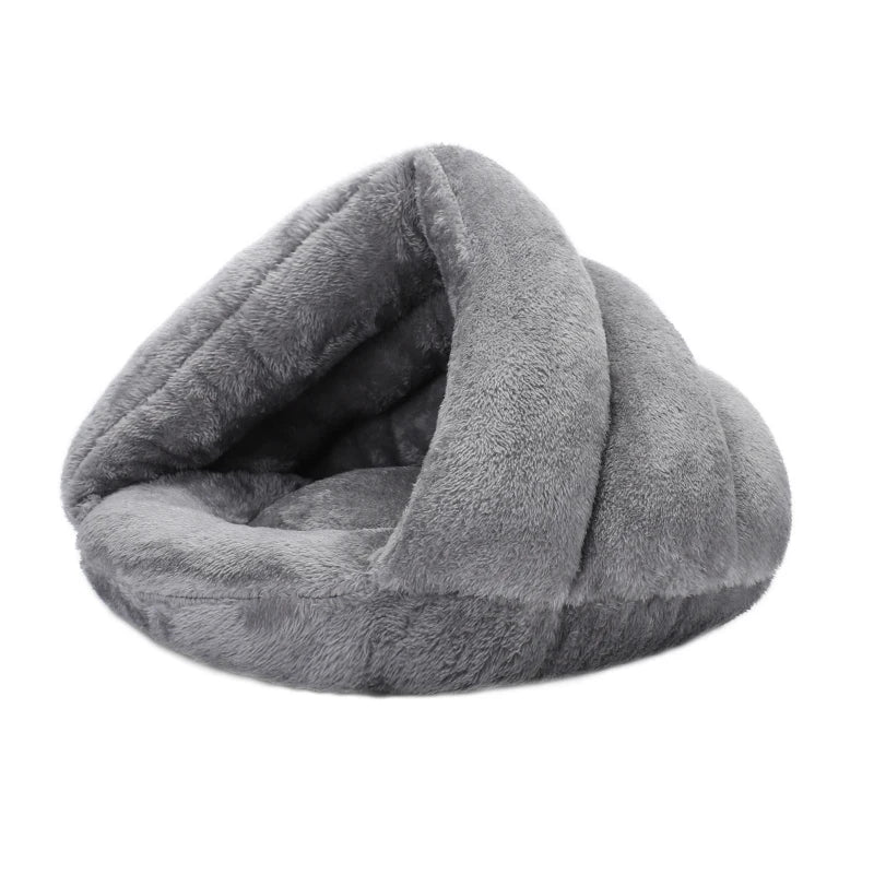 Gray washable plush dog bed cave for small dogs and cats, soft warm pet furniture