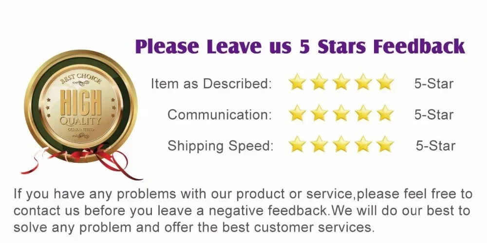 Please Leave us 5 Stars Feedback showing 5-star ratings for item description, communication, and shipping speed.